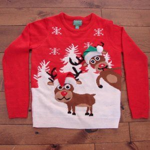 Cute Christmas Crewneck Sweater Rudolph Reindeer Snowflakes Size Large